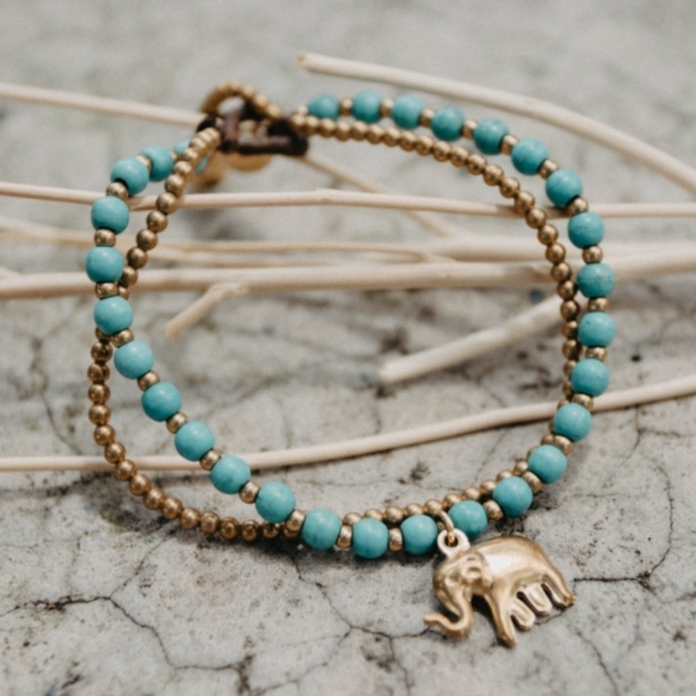 Thai Elephant & Turquoise Stone Charm Bracelet - Picture 2 of 3
